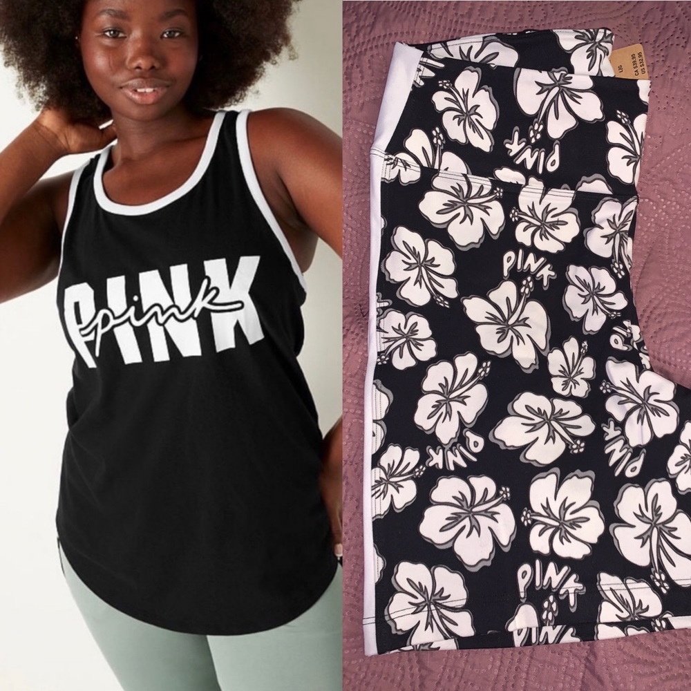 Victoria’s Secret Pink Black & White Tank Top & Matching Hibiscus Biker Shorts
